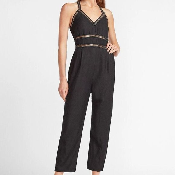 Express Linen Blend Black Embroidered Detail Jumpsuit SZ 6 NWOT - Picture 2 of 8